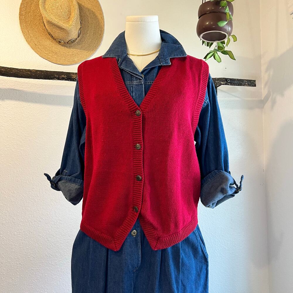90s Christopher & Banks Red Cotton Knit Button Front Sweater Vest Top Size Large